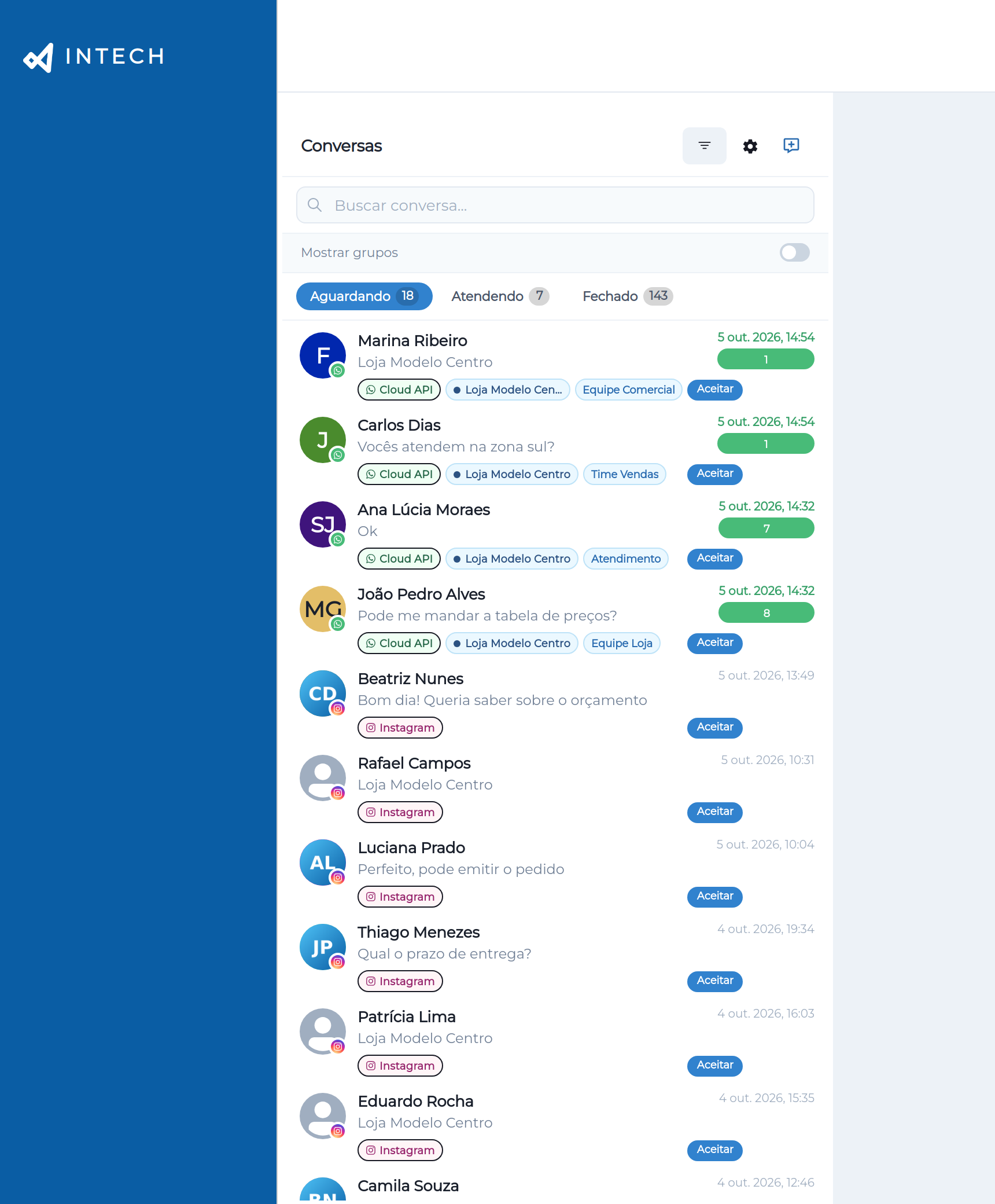 Central de Atendimento do Intech CRM, com a lista de conversas vindas do WhatsApp Cloud API e do Instagram.
