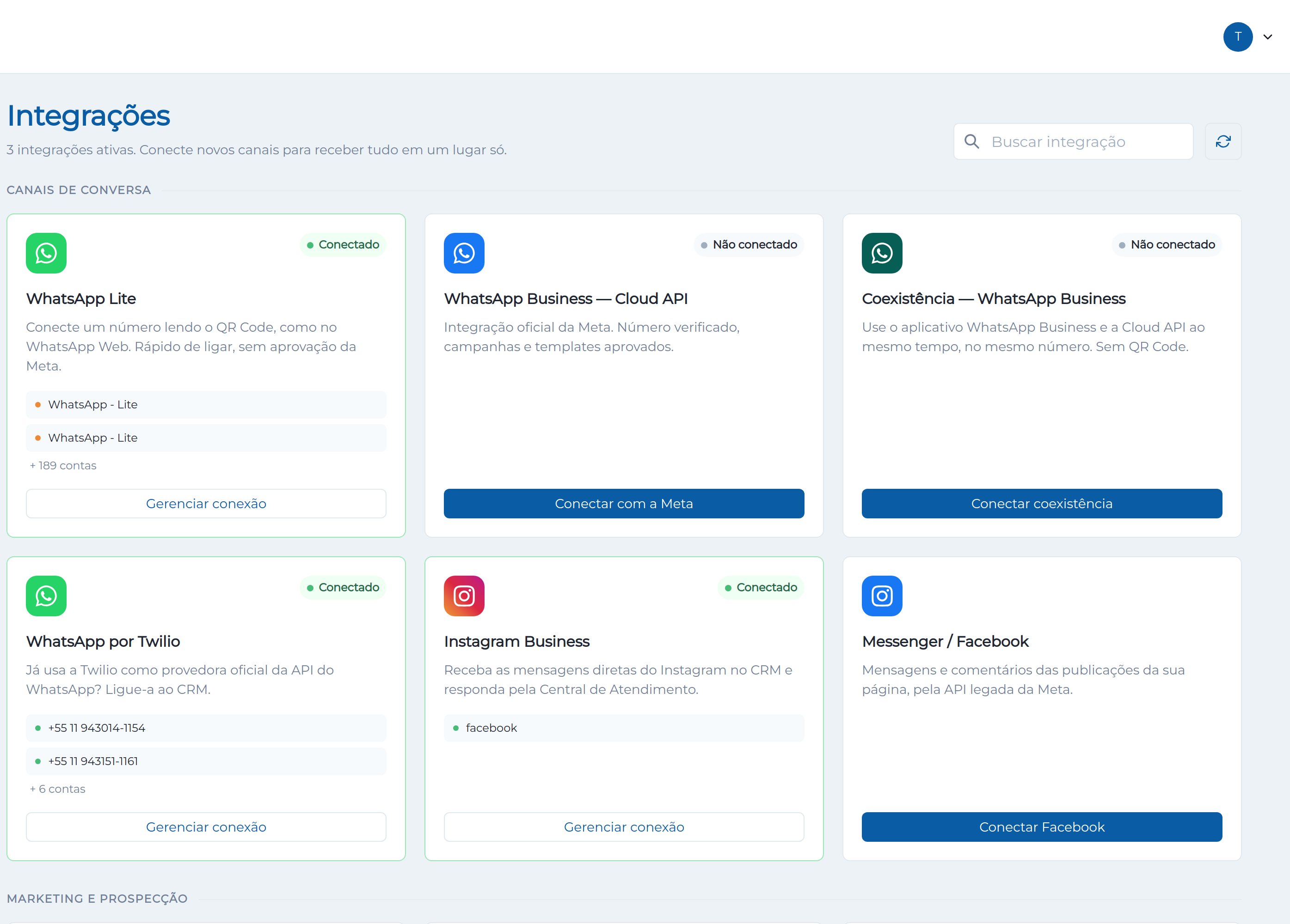 Tela de Integrações do Intech CRM, com os cartões de WhatsApp Lite, WhatsApp Cloud API, Coexistência, Twilio, Instagram e Messenger.